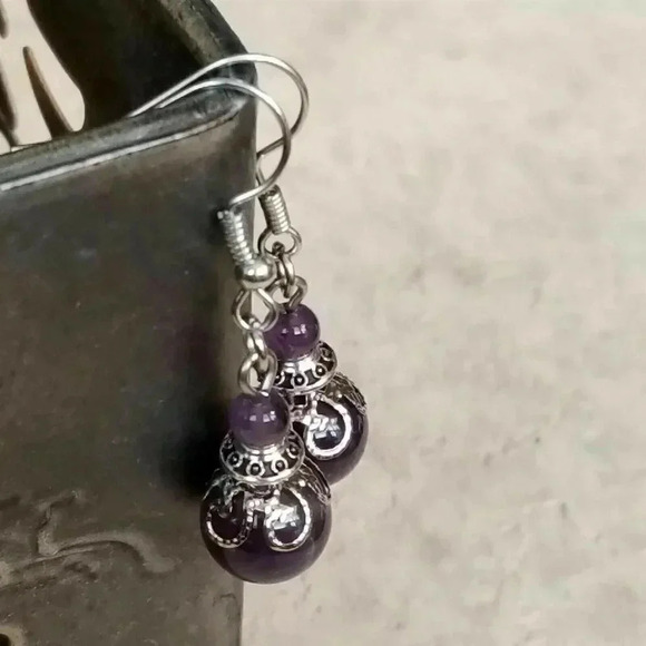 Hand Crafted Amethyst Victorian Lace Art Nouveau Gemstone Bead Drop Earrings - Picture 2 of 6